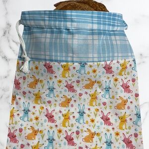 Easter Bunny Bread Bag, Reusable Cotton Boule Sack, Light Blue Checkered Top